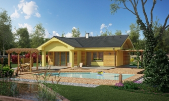 Kleines Haus mit Terrasse. Kann auch als Doppelhaus mit spiegelverkehrtem Projektentwurf umgesetzt werden.